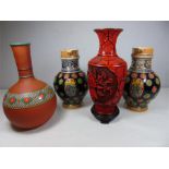 Pair of floral decorated jugs, oriental cinnabar vase + 1