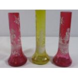 3 antique Mary Gregory style vases 2 cranberry and 1 yellow each approx. 6" high