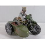 Vintage style tin plate motor cycle and sidecar