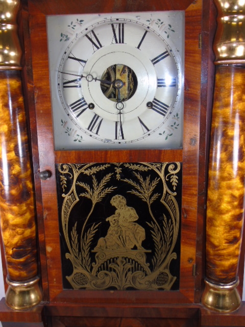 Antique mahogany American wall clock with decorated glass panels complete with 2 weights - Image 3 of 4