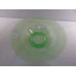 Uranium glass bowl with etched detail to the rim approx. 12.5" dia