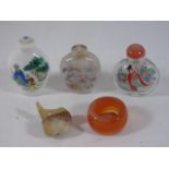 3 Small oriental scent bottles, carved stone netsuke and an agate ring