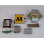 2 Vintage AA badges, Eastern National enamel badge and 4 lighters to include Ronson