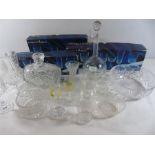 Box of various cut glass to include a decanter, barrel and 3 box sets of glasses