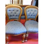 Set of 4 antique mahogany dining chairs with blue fabric upholstery