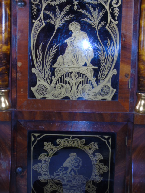 Antique mahogany American wall clock with decorated glass panels complete with 2 weights - Image 2 of 4