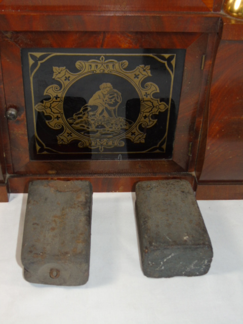 Antique mahogany American wall clock with decorated glass panels complete with 2 weights - Image 4 of 4