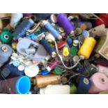 Large box of various sewing items, cottons etc