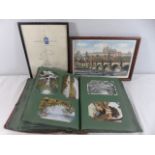 Postcard album and 2 framed pictures