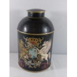 Vintage style black metal tea caddy with crest