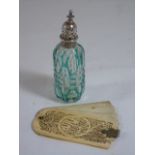 HM Silver topped bohemian glass bottle and an vintage ivory aide memoire