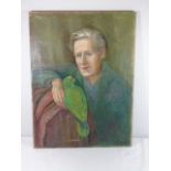 Antique oil on canvas lady with green parrot approx. 24" x 18"