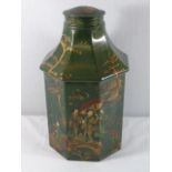Oriental octagonal green tin tea caddy with lacquered decoration