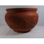 Large oriental terracotta planter approx. 14.5" dia decorated with dragon detail