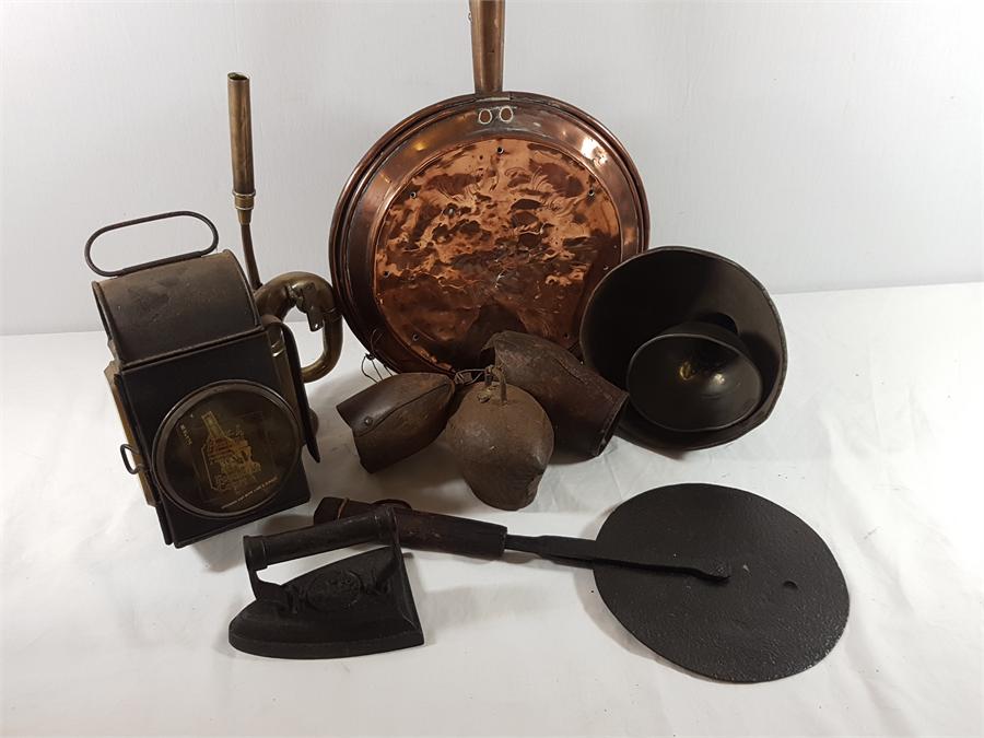 Various interesting antique metal items inc: lantern, cow bells, warming pan etc