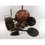 Various interesting antique metal items inc: lantern, cow bells, warming pan etc