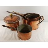 3 Antique copper saucepans, 12'', 9.5'' and 8'' diameters together with a brewery funnell and a