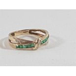 9ct Gold emerald and diamond set ring to form a bow