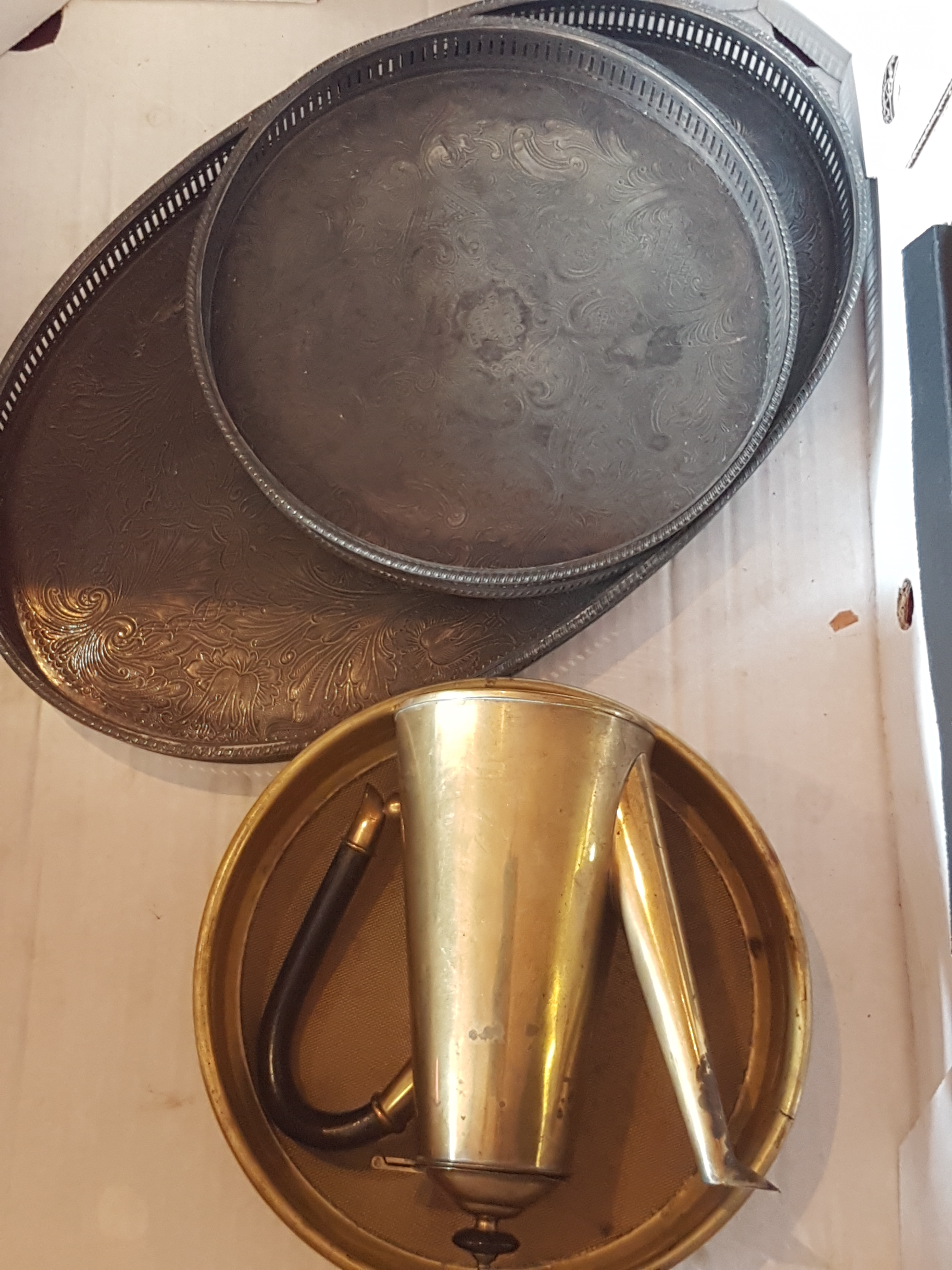 Silver plated gallery trays and a 2 items of brass ware