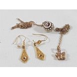 Pair of 18ct drop earrings, 14ct gold and enamel pendant, 2 9ct gold chains and a 9ct butterfly