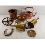 Various copper and brass items inc:, horse shoe, 2 brass rotisseries etc