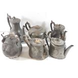 Qty of antique pewter teapots & biscuit barrell