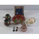 Picture frame, buttons, 2 cauldron style pots etc