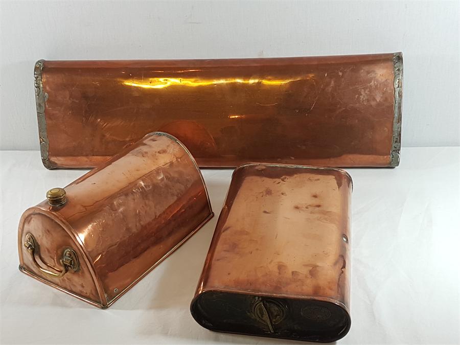3 Copper warmers, largest 28'' long, medium 13.5 long and smallest with dome top 11'' long and 6''