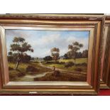 Pair of antique gilt framed oils on canvas of country scenes signed G Thompson