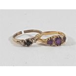 2 9ct Gold rings, one set with Amethyst & diamonds the other Sapphire and Diamond ( one ring cut)