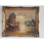 Gilt framed oil on board of Chinese ships - signed