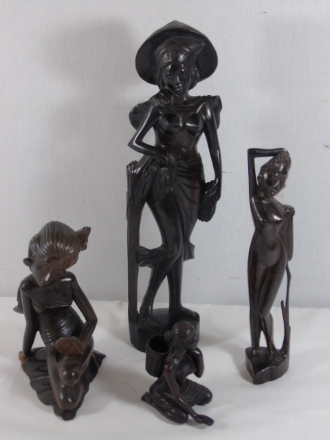 3 African carved wooden figures + 1 other