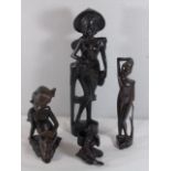 3 African carved wooden figures + 1 other