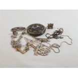 Probably silver compact mirror together with assorted silver jewellery to include charms,