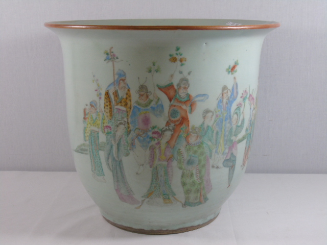 Large oriental planter decorated with oriental dancers approx. 12" high x 14.5" dia.