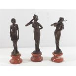 3 Csat bronze musical lady figureson marble bases,each approx 8'' tall