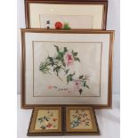 Framed Japanese painting on silk and 3 oriental embroideries