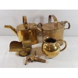 2 Brass watering cans,keg tap, trench art scuttle and jug