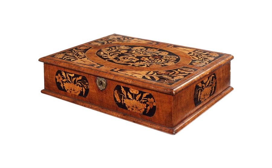 A large William & Mary walnut, ebonised and sycamore marquetry lace box