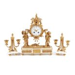 An early 20th century Louis XVI style white marble and gilt bronze clock garniture, the clock by Sam