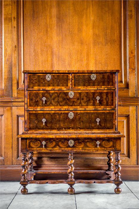 A William and Mary olive oyster veneered, walnut and ash banded chest on stand - Image 3 of 3