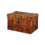 A Louis XIV kingwood oyster veneered and brass bound strong box/coffre fort