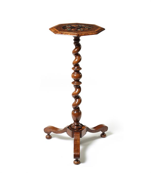 A William & Mary walnut and olive oyster veneered and green stained horn marquetry candlestand