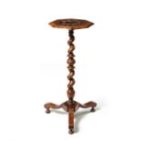 A William & Mary walnut and olive oyster veneered and green stained horn marquetry candlestand