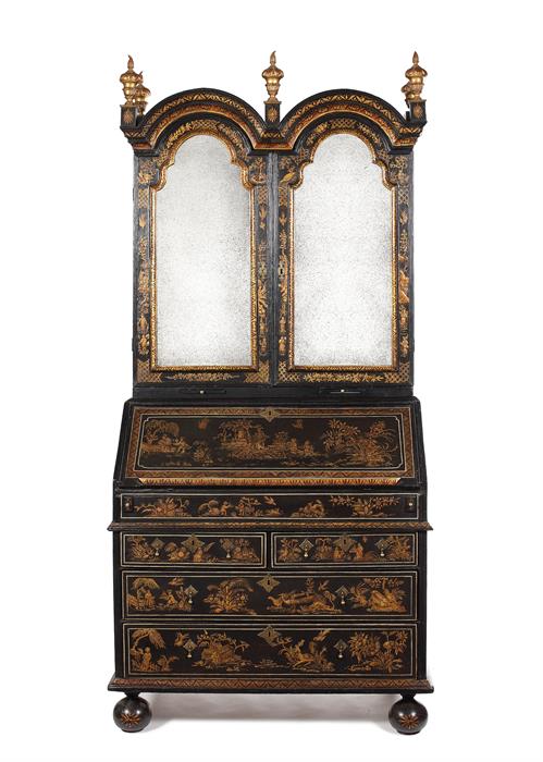 A Queen Anne black japanned bureau cabinet