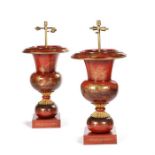 A large pair of tôleware red and gilt chinoiserie decorated japanned lamp bases