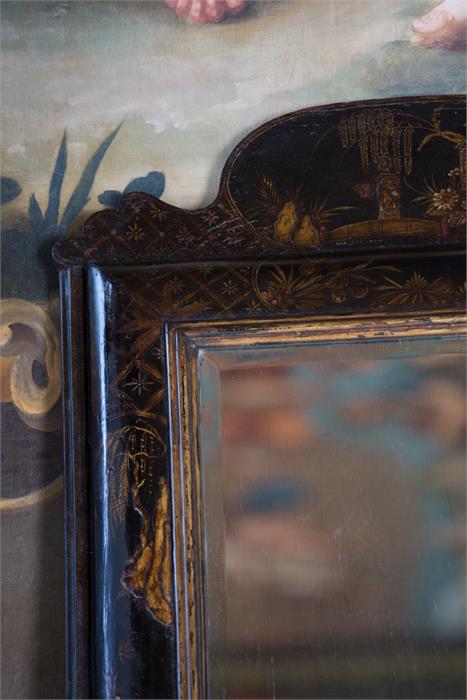 A late 17th century black japanned cushion frame mirror - Image 2 of 2