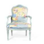 A Louis XV blue painted and carved fauteuil