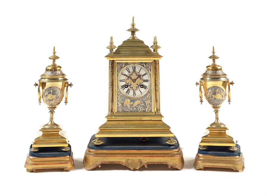 A late 19th century shakudo and gilt brass clock garniture - Image 3 of 4