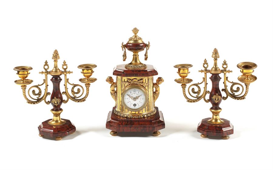 A small late 19th century red griotte marble and gilt brass timepiece garniture - Image 2 of 2